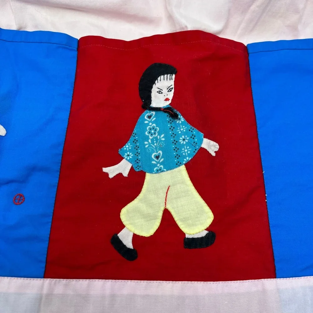 Vintage Pink Cotton Half Apron Hand Stitched Applique Asian Figures 3 Pockets